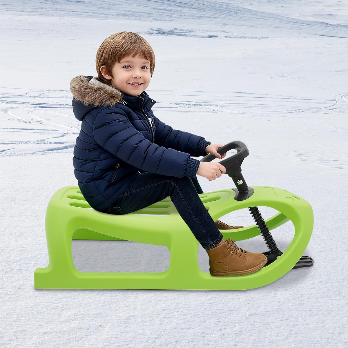 Snow Racer Sled for Kids, Winter Sport Ski Sled Slider Board with Steering Wheel & Footrest, 220 lbs Capacity Snow Sled for Kids, Teenagers, Adult