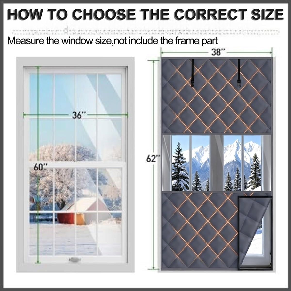 3 Layer Window Insulation Kit Thermal Insulated Window Cover 35x59 47x63 63x39 inch Oxford Cloth Thicken Cotton Soundproof Roll-Up Design Reusable Winterize Curtain for Attic Bedroom(Black,W59xH106")