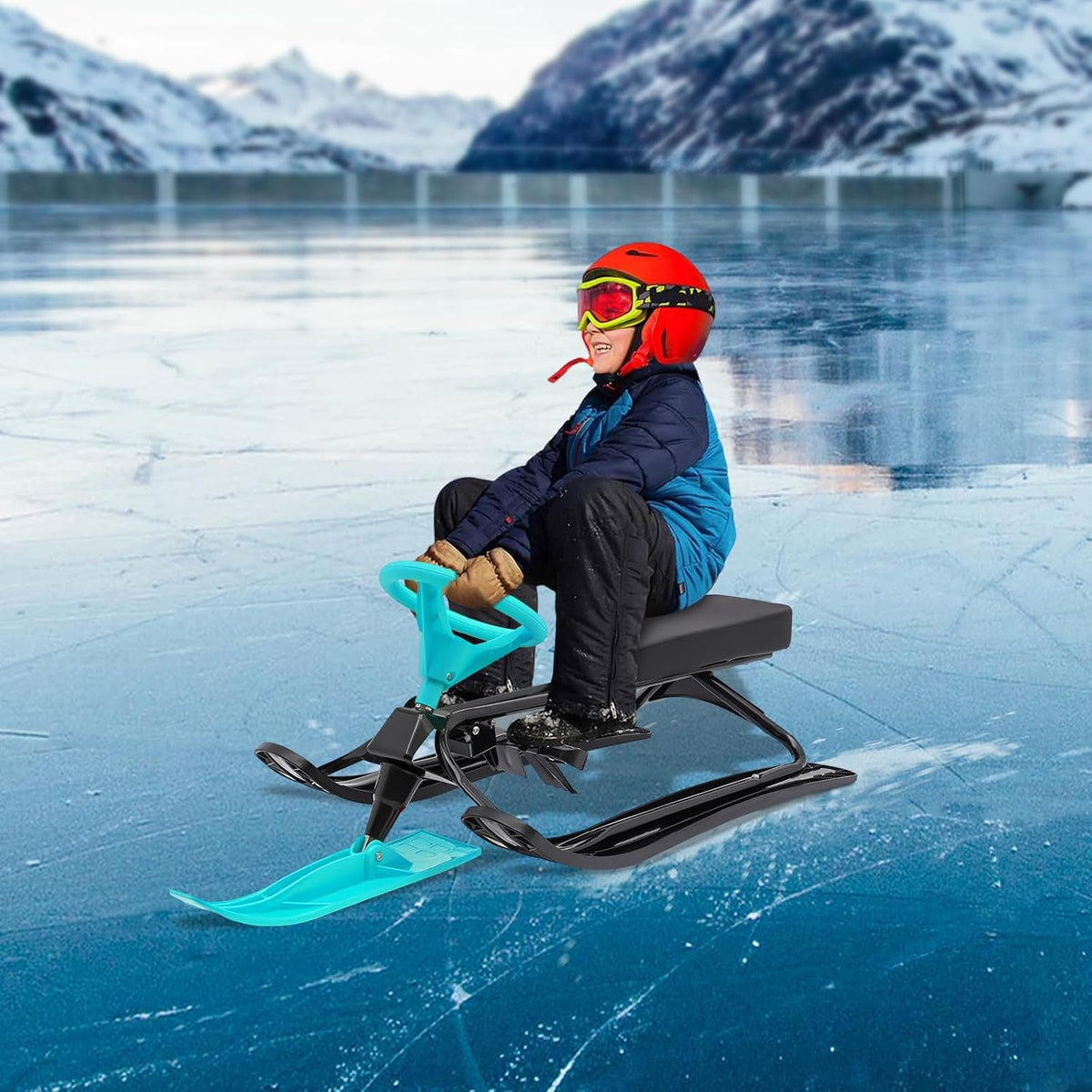 Snow Racer Sled, Ski Sled with Steering Wheel & Twin Brakes, Durable Steel Frame, Great Weight Capacity of 220 LBS, Sled for Kids Age 6 & Up, Teenagers Adult
