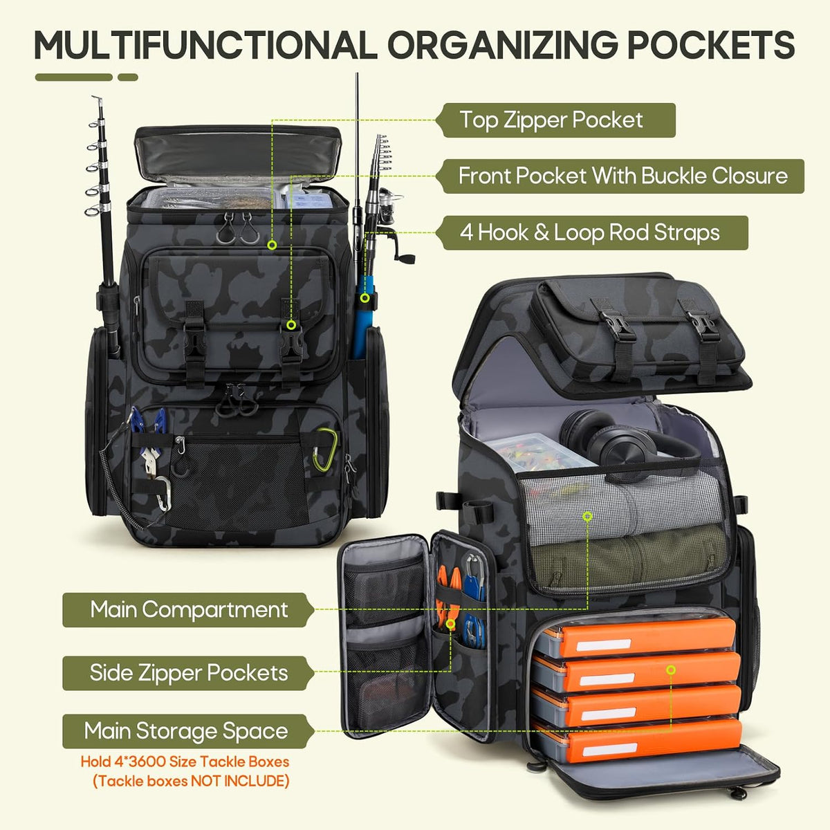 RAINSMORE Fishing Backpack, 45L Large Water-resistant Fishing Tackle Bag