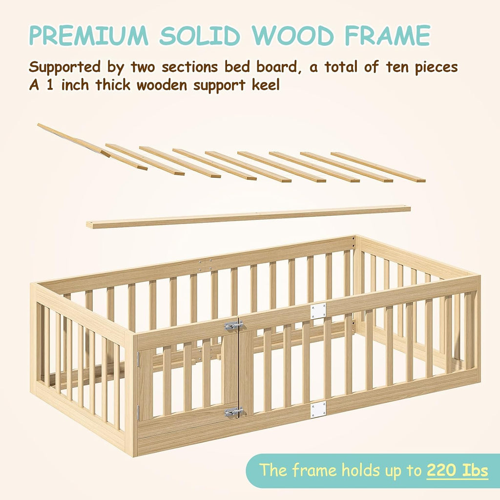 EXPERLAM Twin Montessori Floor Bed with High Guardrails and 2 Door Latch, Solid Wood Toddler Bed Frame with 10 Slats and Supporting keel, Low-to-Floor for Crib-to-Bed Transition, Natural