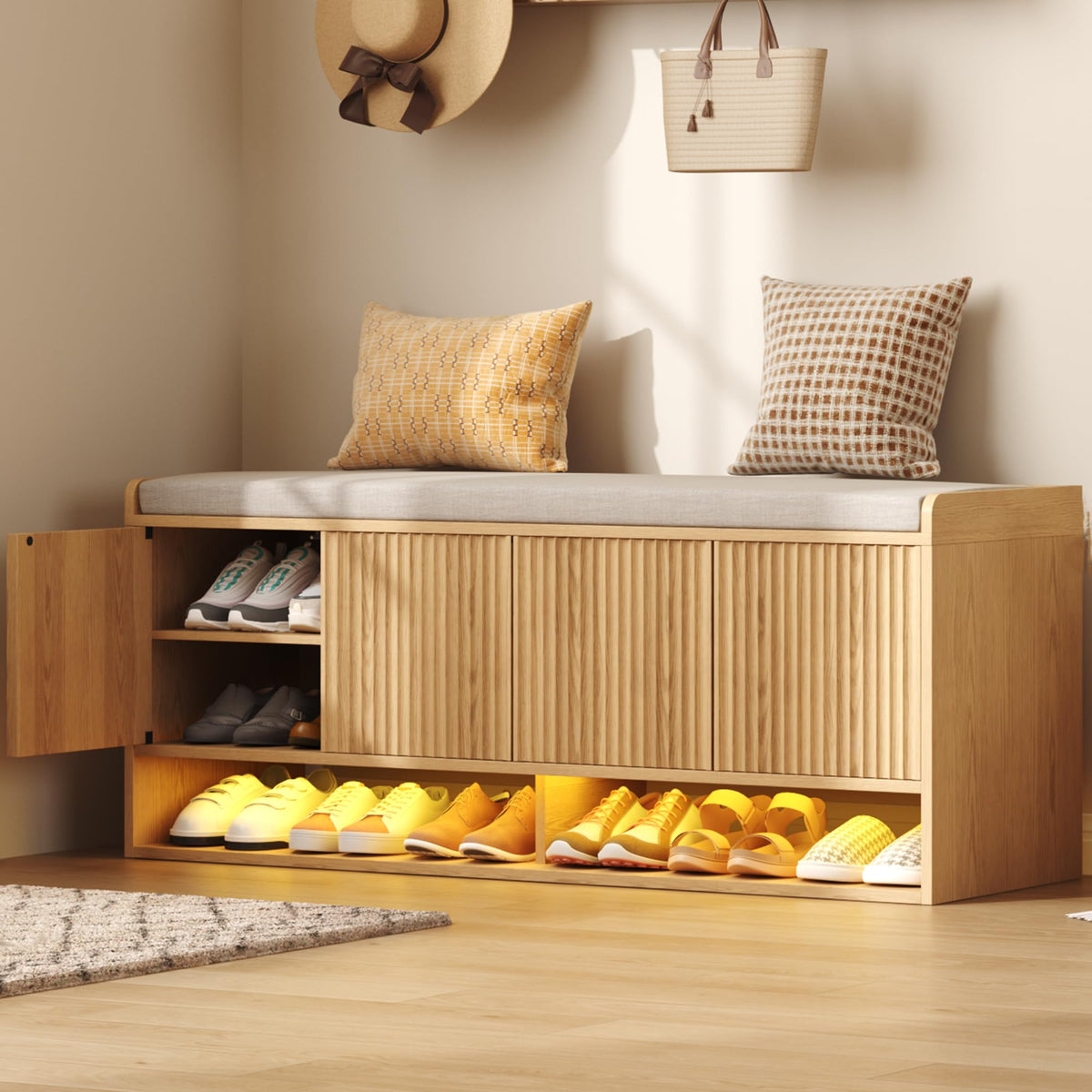 HOMEFORT 39.4" Fluted Shoe Storage Bench, Entryway Bench with Linen Seat Cushion, Shoe Cabinet Bench with Adjustable Shelf and Built-in LED Sensor Light, Bench for Bedroom End of Bed, Natural Oak