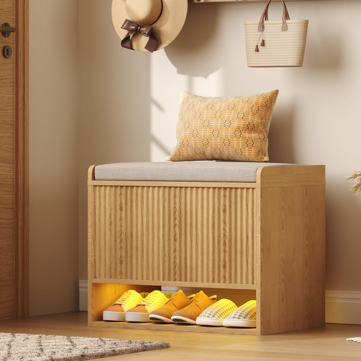 HOMEFORT 47.2" Fluted Shoe Storage Bench, Entryway Bench with Linen Seat Cushion, Shoe Cabinet Bench with Adjustable Shelf and Built-in LED Sensor Light, Bench for Bedroom End of Bed, Natural Oak