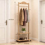 Solid Wood Coat Rack, Freestanding Clothes Rack with Wheels—Heavy Duty Clothes Rack with 2 Shelves, 4 Top Hooks & 5 Side Hooks Ideal for Wallets, Hats, Shoes, Clothes(Natural)