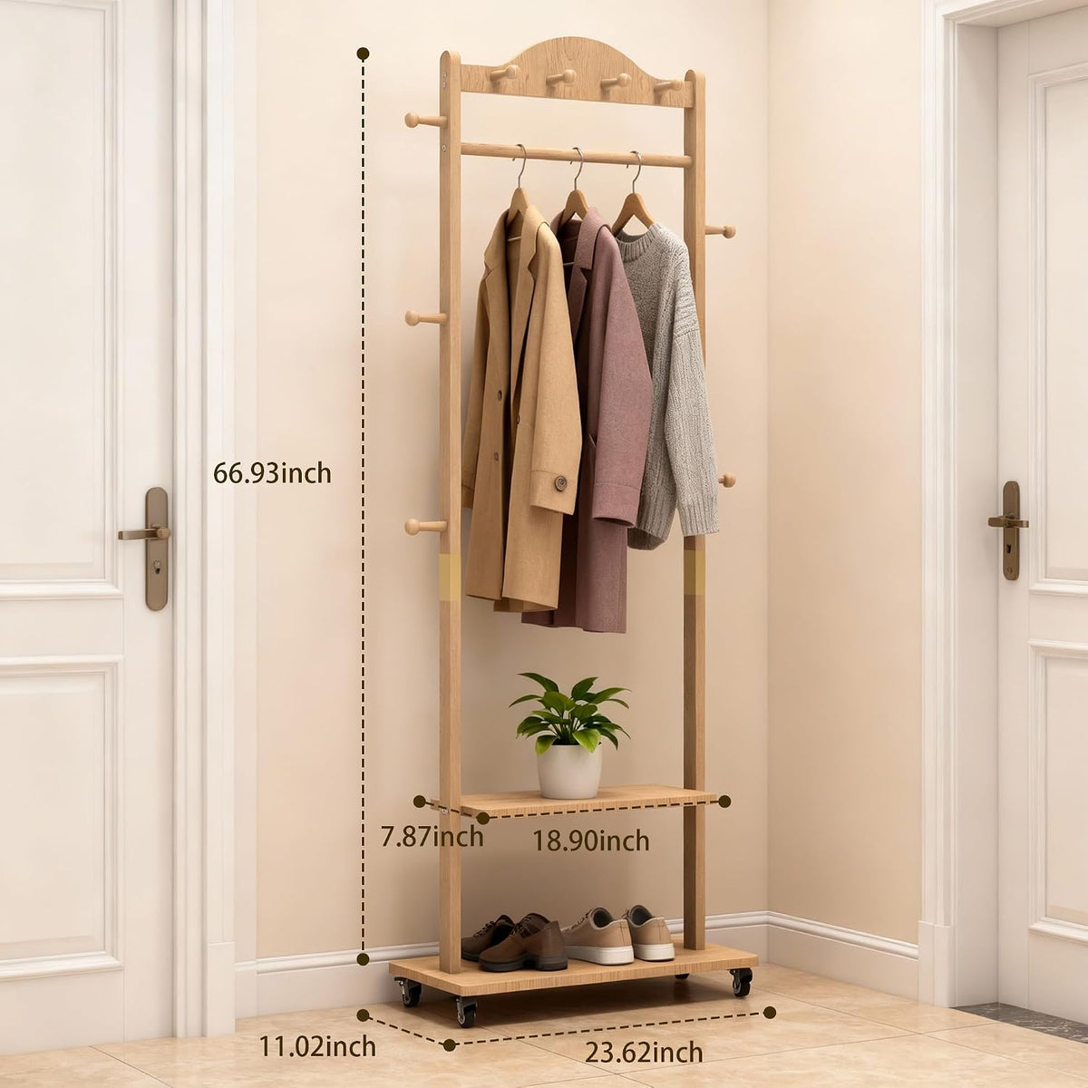 Solid Wood Coat Rack, Freestanding Clothes Rack with Wheels—Heavy Duty Clothes Rack with 2 Shelves, 4 Top Hooks & 5 Side Hooks Ideal for Wallets, Hats, Shoes, Clothes(Natural)