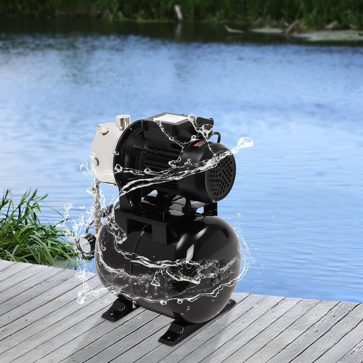 1HP Shallow Well Pump with Pressure Tank, 110V Irrigation Pump Garden Pump Stainless Steel Water Booster Jet Pump for Home Farm Lawn Irrigation Yard (Black)