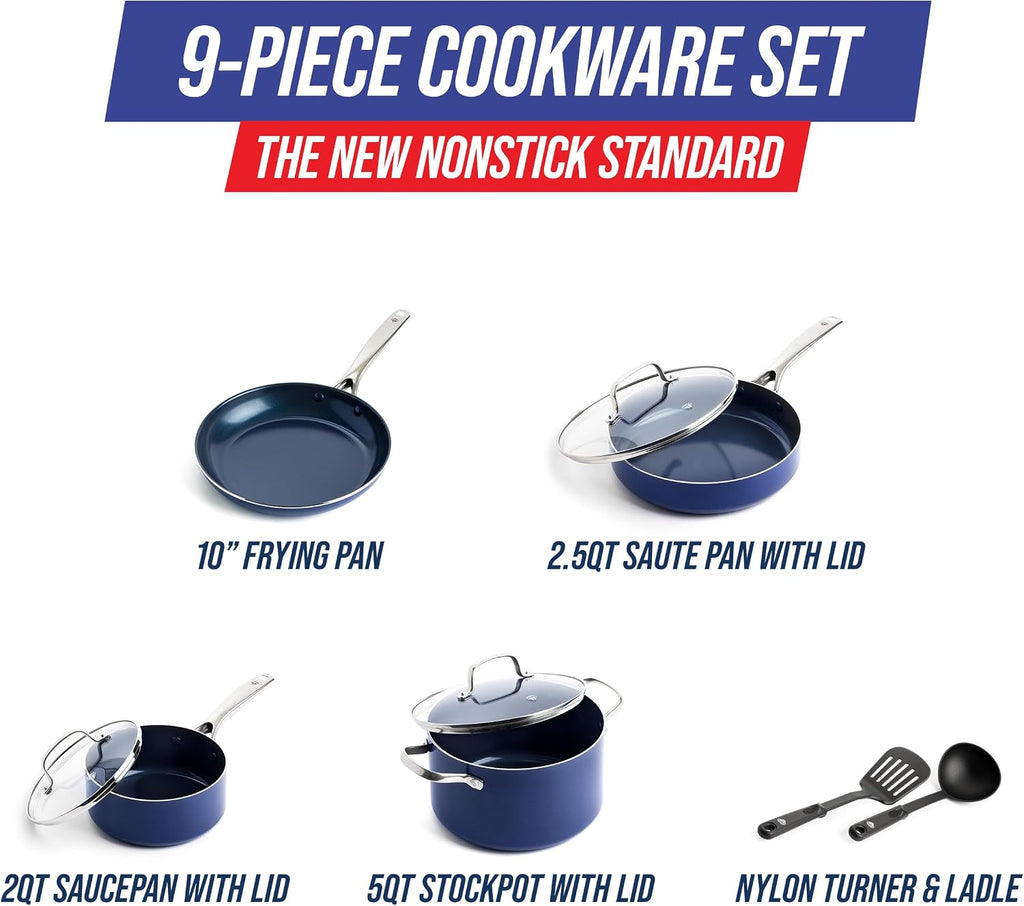Blue Diamond 9 Piece Nonstick Cookware Set, Diamond Ceramic Pots & Pans, Dishwasher & Metal Utensil Safe, Non Toxic PFAS-Free, Kitchen Cooking Sauce & Saute Pans, Oven & Broiler to 600F, Blue