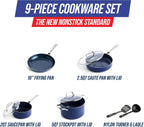 Blue Diamond 9 Piece Nonstick Cookware Set, Diamond Ceramic Pots & Pans, Dishwasher & Metal Utensil Safe, Non Toxic PFAS-Free, Kitchen Cooking Sauce & Saute Pans, Oven & Broiler to 600F, Blue