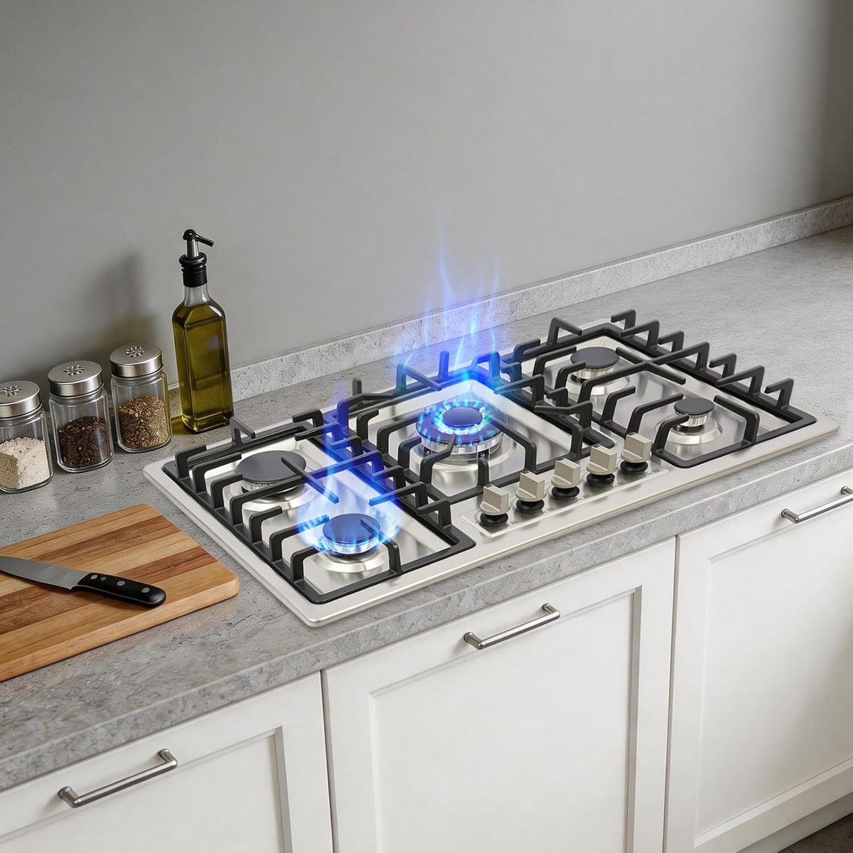 5 Burner Gas Cooktop, Stainless Steel Natural Gas Stove with Safety Device