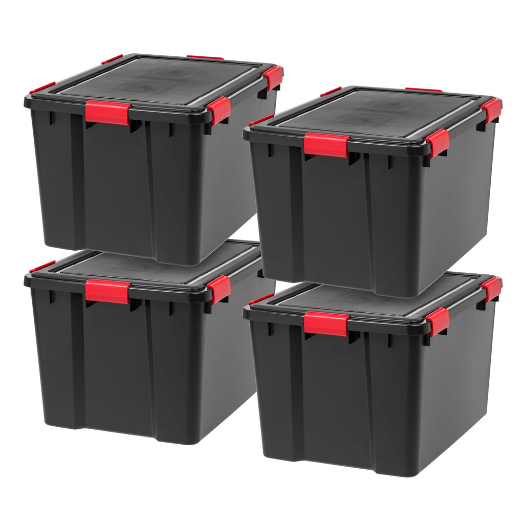IRIS USA 4-Pack 74 Qt Storage Bins with Gasket Lids, Black/Red