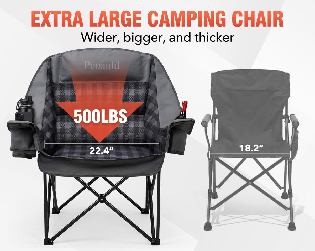 Camping Chairs for Adults 2 Pack Heavy Duty Padded Folding XL Camp Chair with Cup Holder, Supports 500lbs, Oversized Large Outdoor Widen Comfy Lawn Chairs for Tailgating Sports Beach