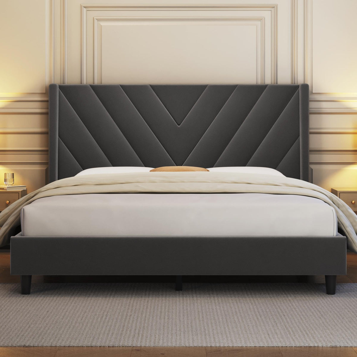 Yaheetech Queen Bed Frame with Chevron Channel-Tufted Headboard, Beige