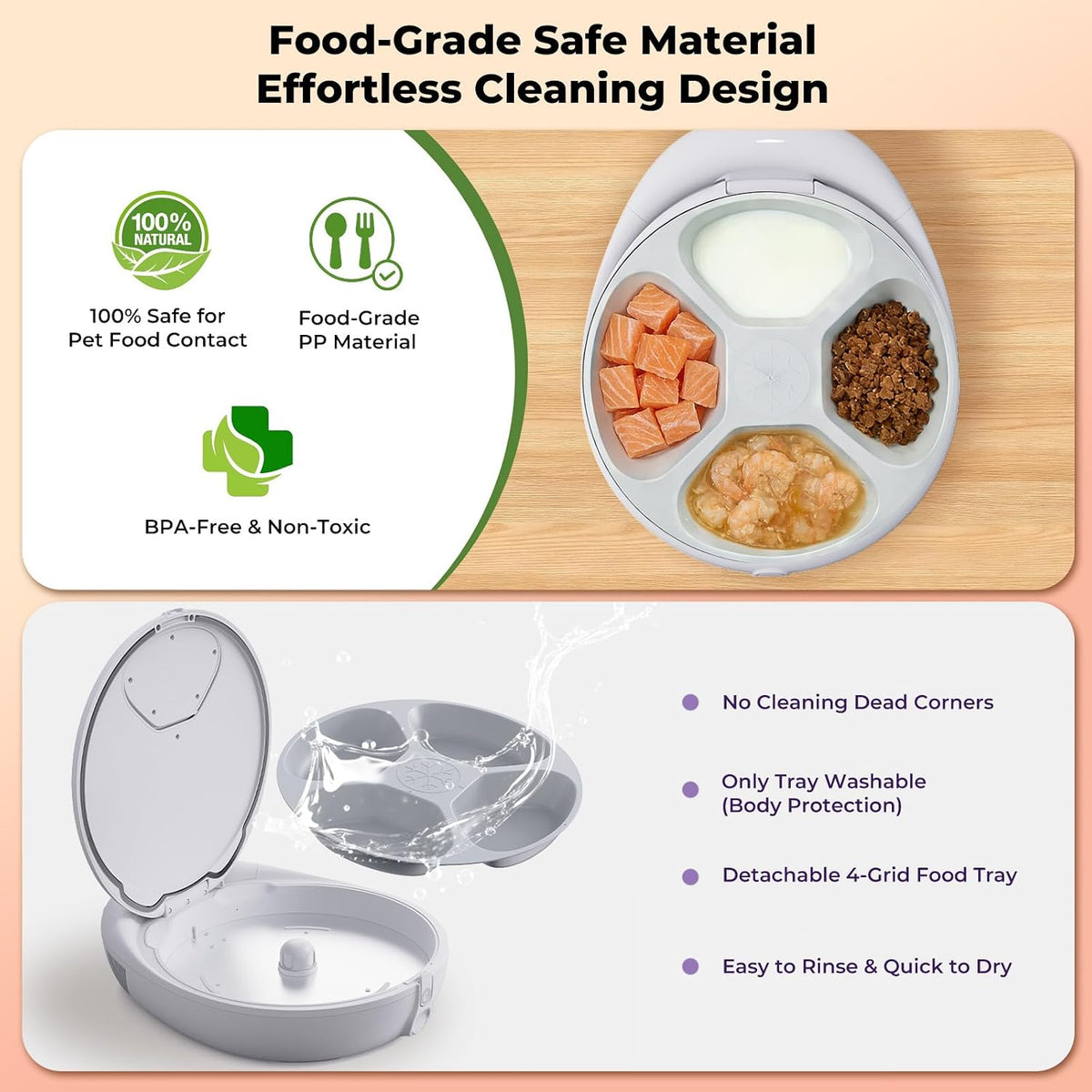 Smart Automatic Cat Feeder with Cooling & Heating, APP Control Dual-Temp Feeder for Wet/Dry/Raw Food, 24H Freshness, 4-Grid Tray, Anti-Pinch for Cats & Small Dogs (4.5-22Lb)
