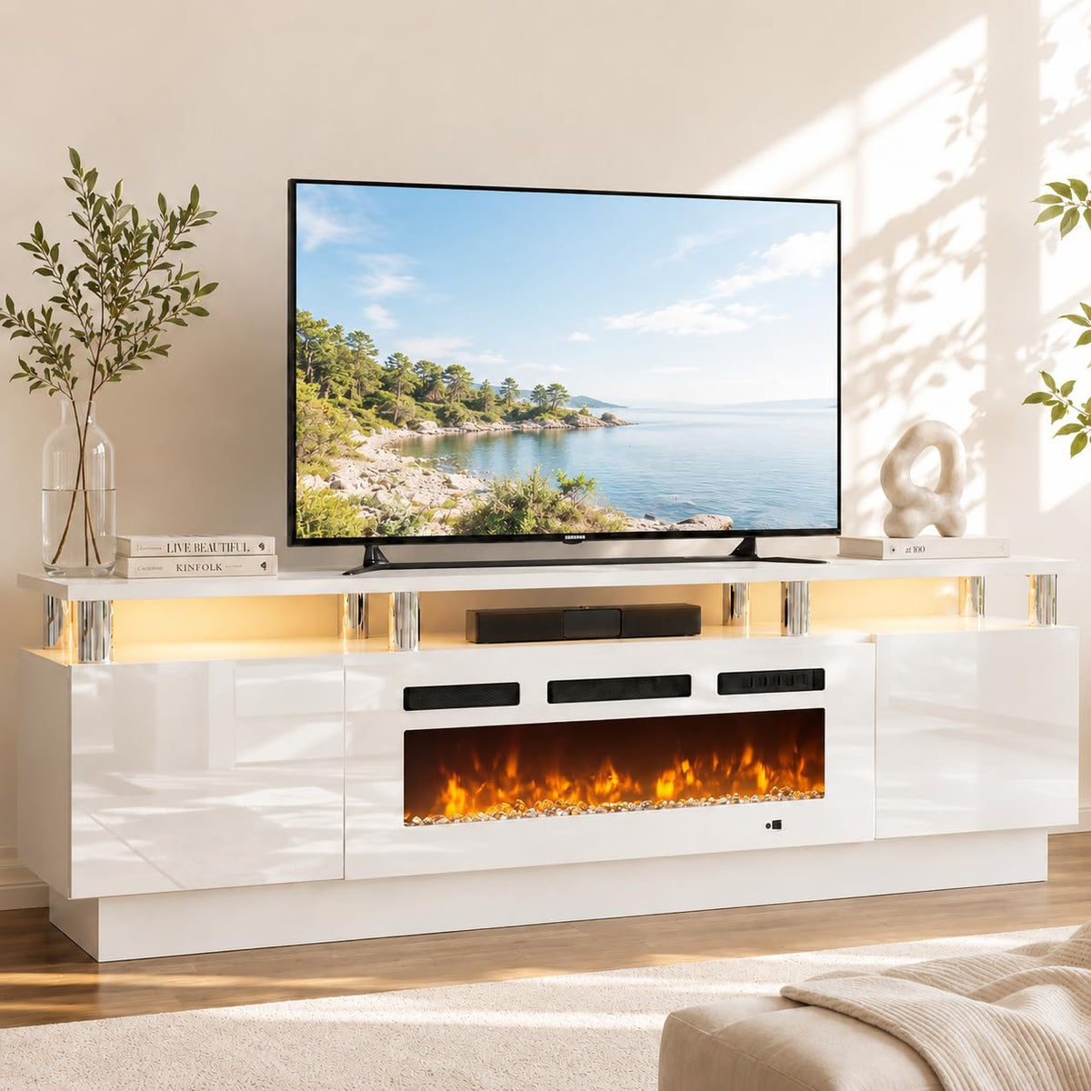 70" TV Stand for Living Room, Modern Entertainment Center & Media Console, Fits TVs up to 80", Storage Cabinet with Shelves, 36" Electric Fireplace with LED Flame (All Black)
