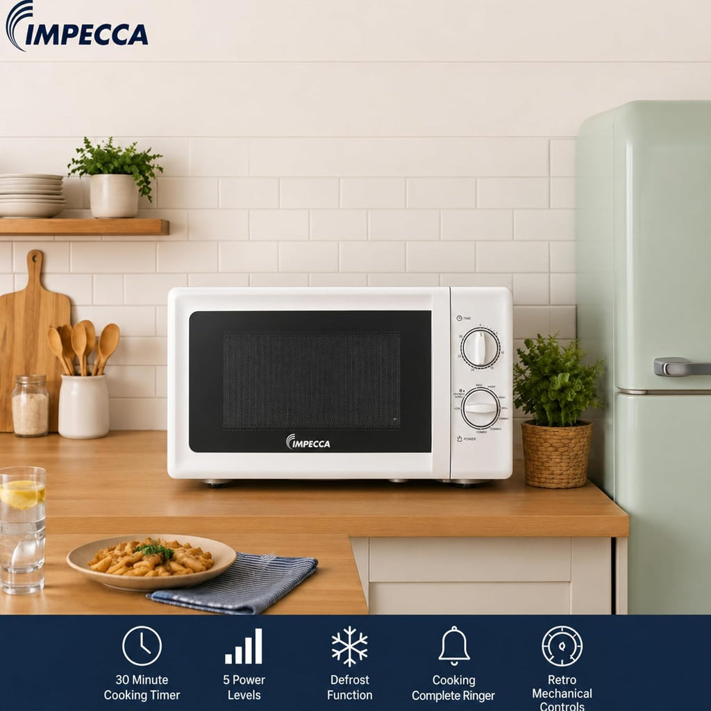 IMPECCA Countertop Microwave Oven Retro Mechanical Dials 5 Modes Timer Defrost 0.7 Cu 700W 9.65” Turntable Easy Clean