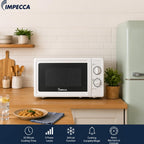 IMPECCA Countertop Microwave Oven Retro Mechanical Dials 5 Modes Timer Defrost 0.7 Cu 700W 9.65” Turntable Easy Clean