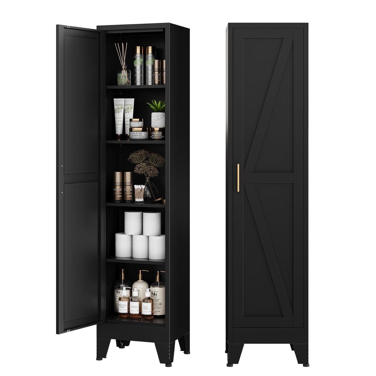 COFaR Black Farmhouse Storage Kitchen Pantry Cabinet with 2 Barn Door, 3 Adjustable Shelves and Legs, for Cupboard/Dining Room/Bathroom/Living Room/Office/Laundry Room (Black, 61" Farmhouse)
