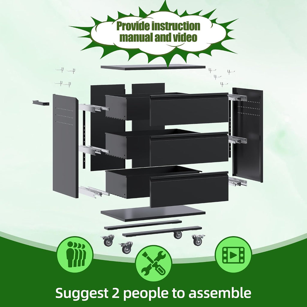 3-Drawer Rolling Tool Chest with Wheels, Pegboard and Push Handle
