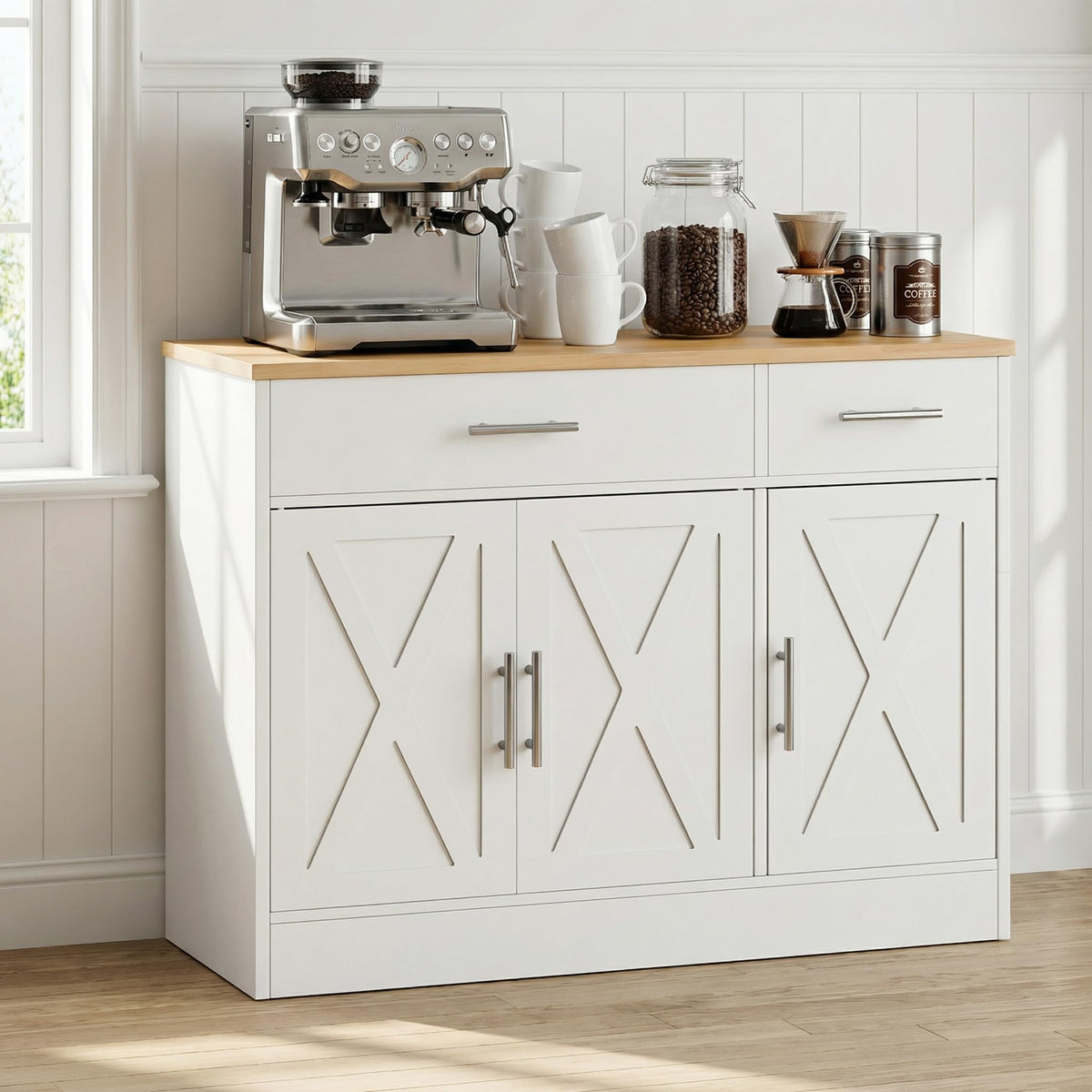 SUNLEI Coffee Bar Cabinet with Storage, Farmhouse Buffet Cabinet with 4 Doors & Adjustable Shelves, Kitchen Sideboard Cabinet for Coffee Station, Dining Room, Living Room & Home, White