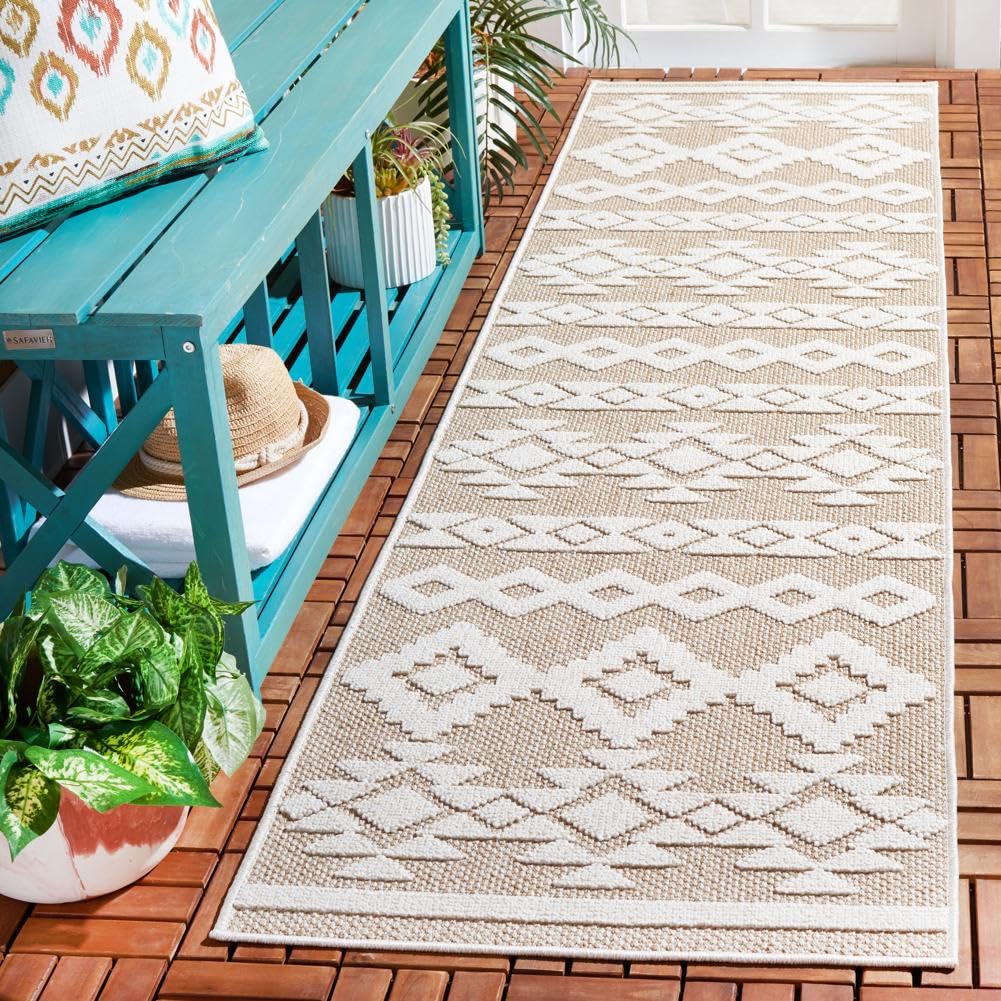 SAFAVIEH Washable Rug Outdoor Global Collection - 5'3" x 7'6", Beige & Dark Beige, Non-Shedding & Easy to Clean, Ideal for Patio, Backyard, Mudroom (GLB210B)