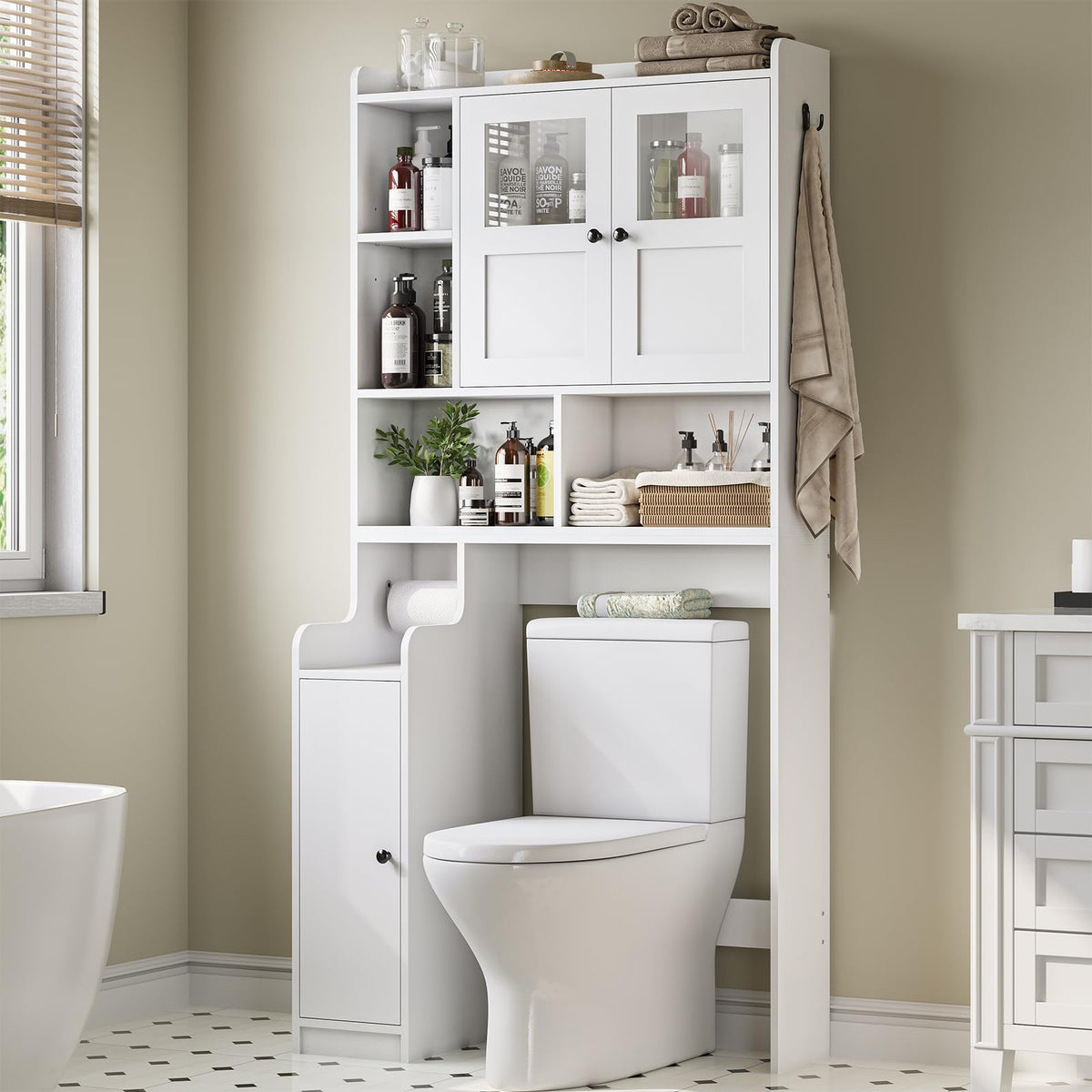 Itaar Over The Toilet Storage Cabinet, Over Toilet Bathroom Organizer with Glass Doors & Toilet Paper Holder Stand, Home Space-Saving Toilet Rack, for Bathroom, Restroom, Laundry(Black)
