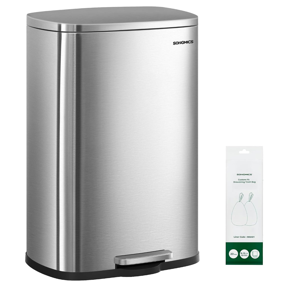 SONGMICS 20 Gallon (75 L) Trash Can, Stainless Steel, Step-On Pedal