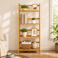 4-Tier Bamboo Bookshelf Ladder Shelf Plant Stand Rack, Wood Bookshelf Natural Wood Shelving Unit, Space-Saving Leaning Bookcase with Sturdy Frame, Bamboo Shelf Decorative Display R