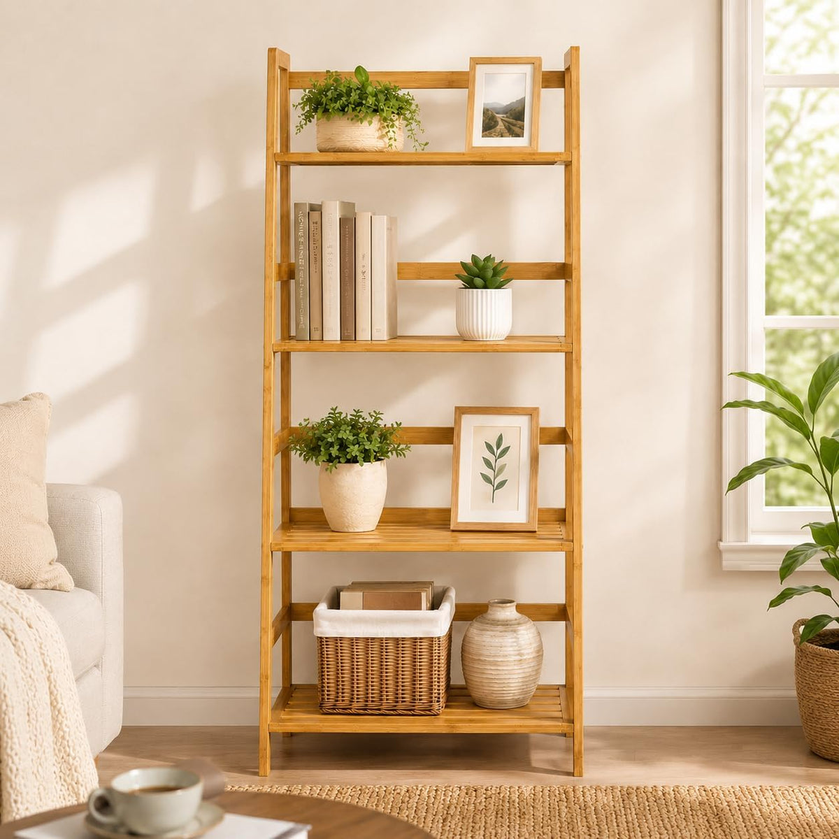 4-Tier Bamboo Bookshelf Ladder Shelf Plant Stand Rack, Wood Bookshelf Natural Wood Shelving Unit, Space-Saving Leaning Bookcase with Sturdy Frame, Bamboo Shelf Decorative Display R