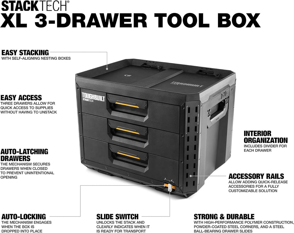 ToughBuilt StackTech XL 3 Drawer Tool Box, Stackable Storage, TB-B1-D-70-3
