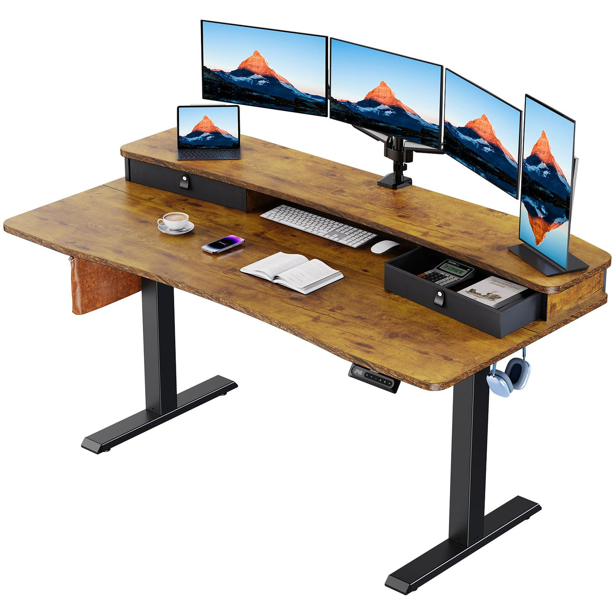 HUANUO 48″ x 28″ Electric Standing Desk with 2 Drawers, C-Clamp Mount Compatible, Height Adjustable Computer Desk, Home Office Stand Up Desk with 4 Preset Heights & 2 Hooks, Black