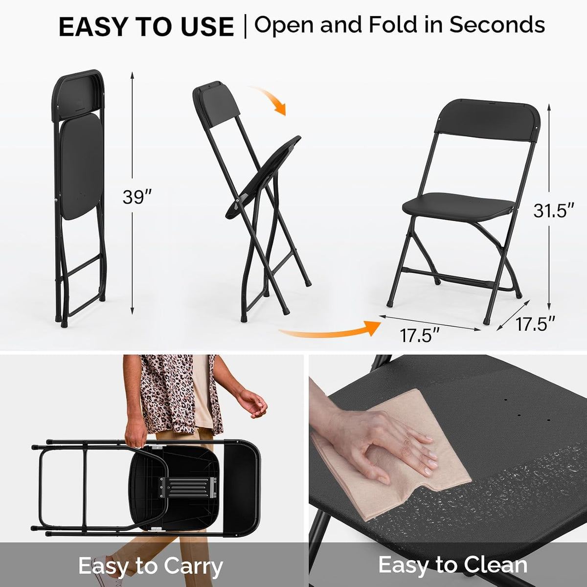 VINGLI 40 Pack Black Plastic Folding Chair, Indoor Outdoor Portable Stackable Commercial Seat with Steel Frame 350lb. Capacity for Events Office Wedding Party Picnic Kitchen Dining