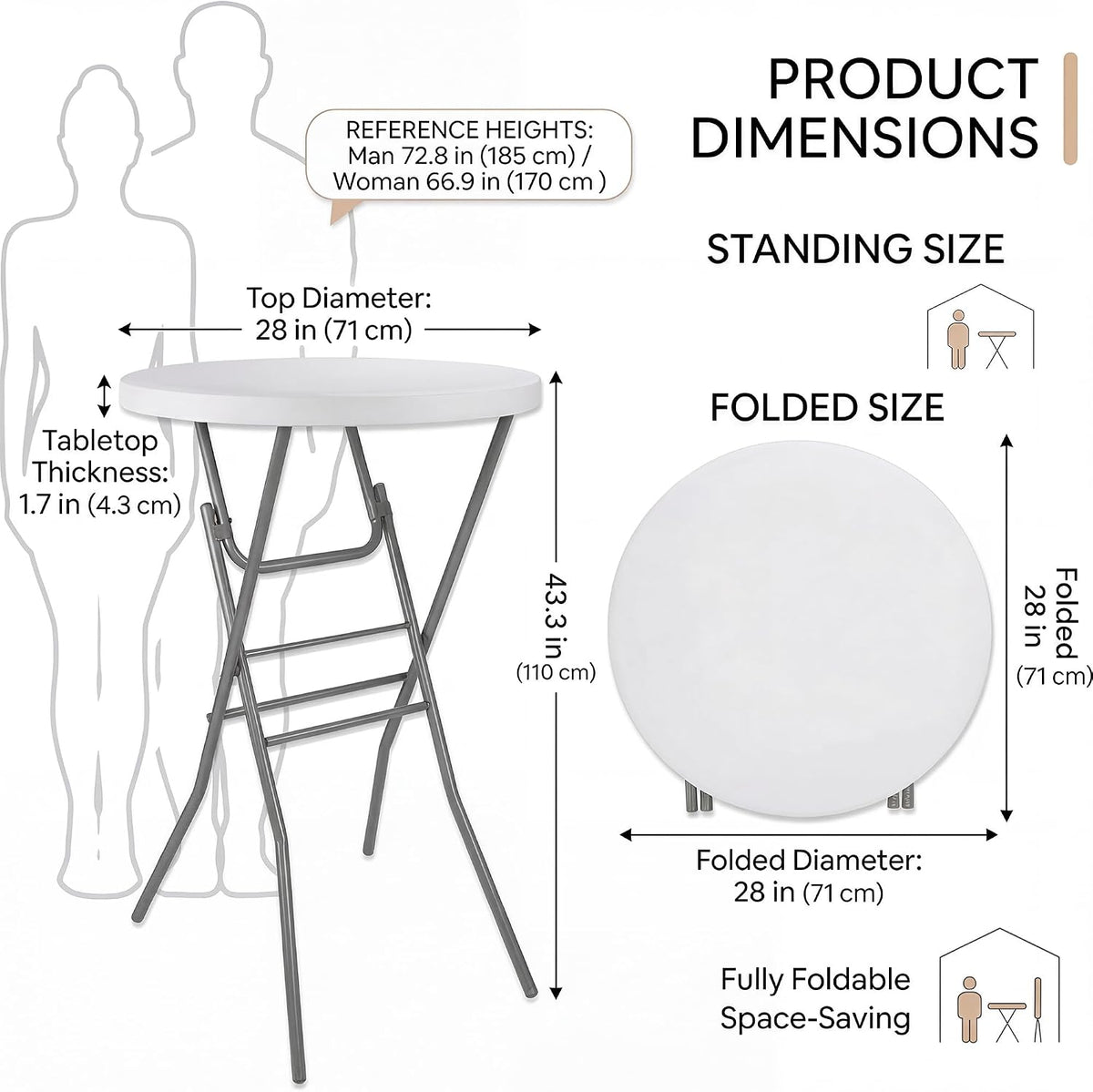 2-Pack 28 Inch Round Folding High Top Cocktail Tables with Dual Black Tablecloths, Portable Bar Height Bistro Set, Detachable Legs, Heavy Duty Indoor Outdoor Furniture for Wedding, Party & Events