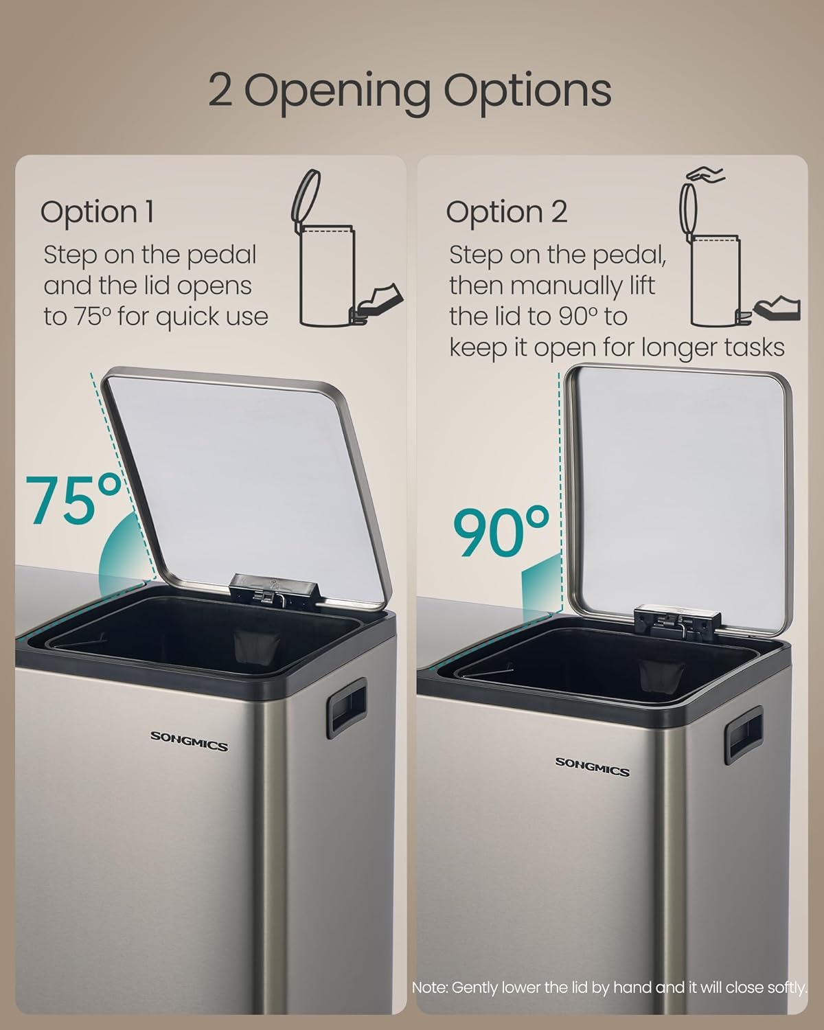 SONGMICS Trash Can, 2 x 8 Gallon (2 x 30 L) Double Compartment