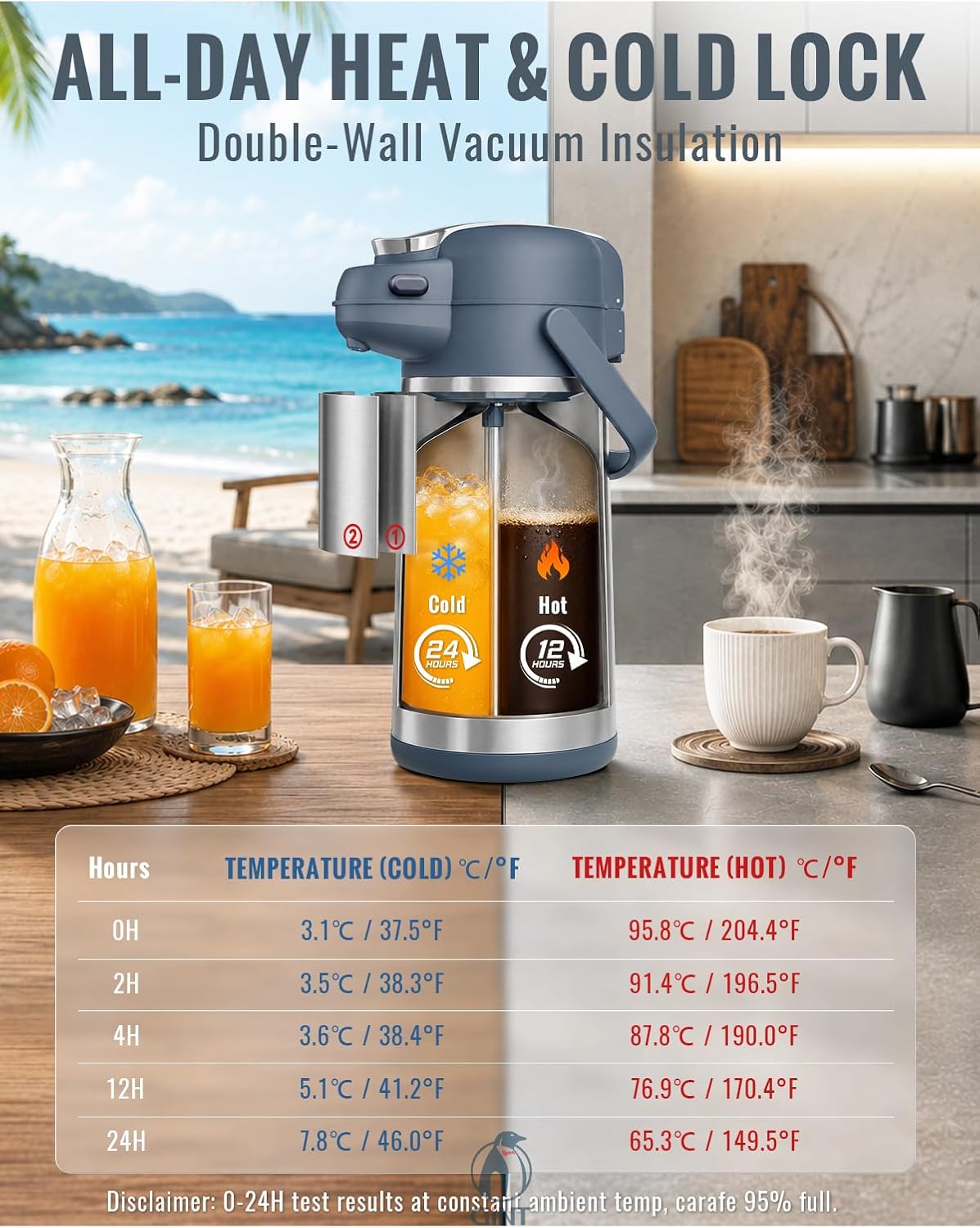 GiNT 101oz Airpot Coffee Dispenser with Pump, Insulated Coffee Carafe for Hot Liquids, Stainless Steel Vacuum Insulated Pump Dispenser for Hot/Cold Beverages, Home Office Commercial Outdoor Use(3L)