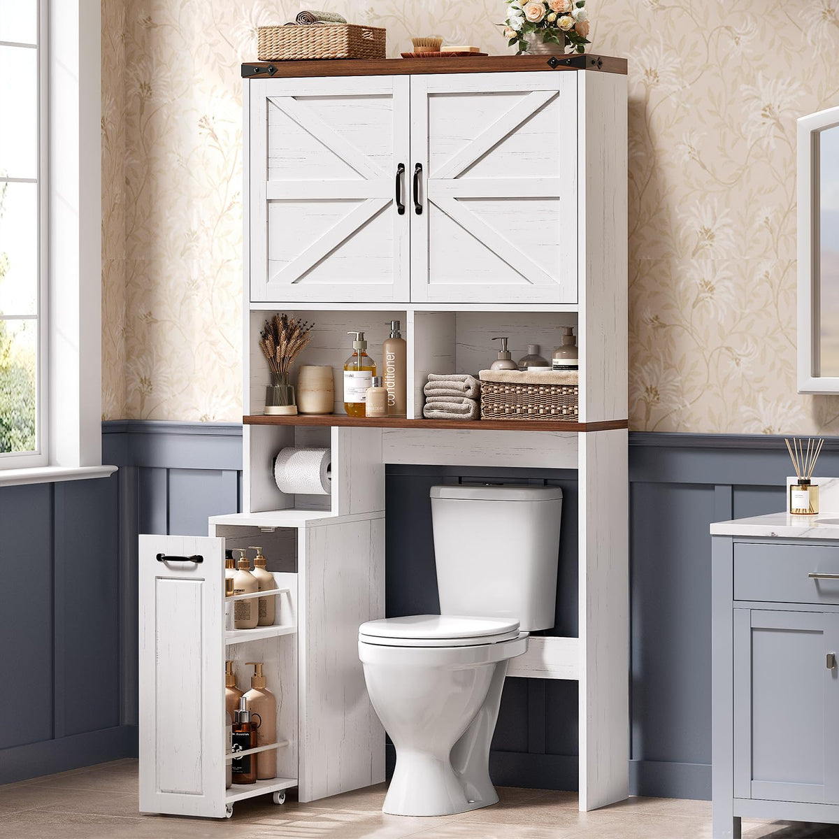 UPOSOJA Over The Toilet Storage Cabinet with Pulley Small Bathroom Storage Cabinet, Space Saver W/Adjustable Shelf & Open Shelf for Bathroom, Restroom, Laundry (White)