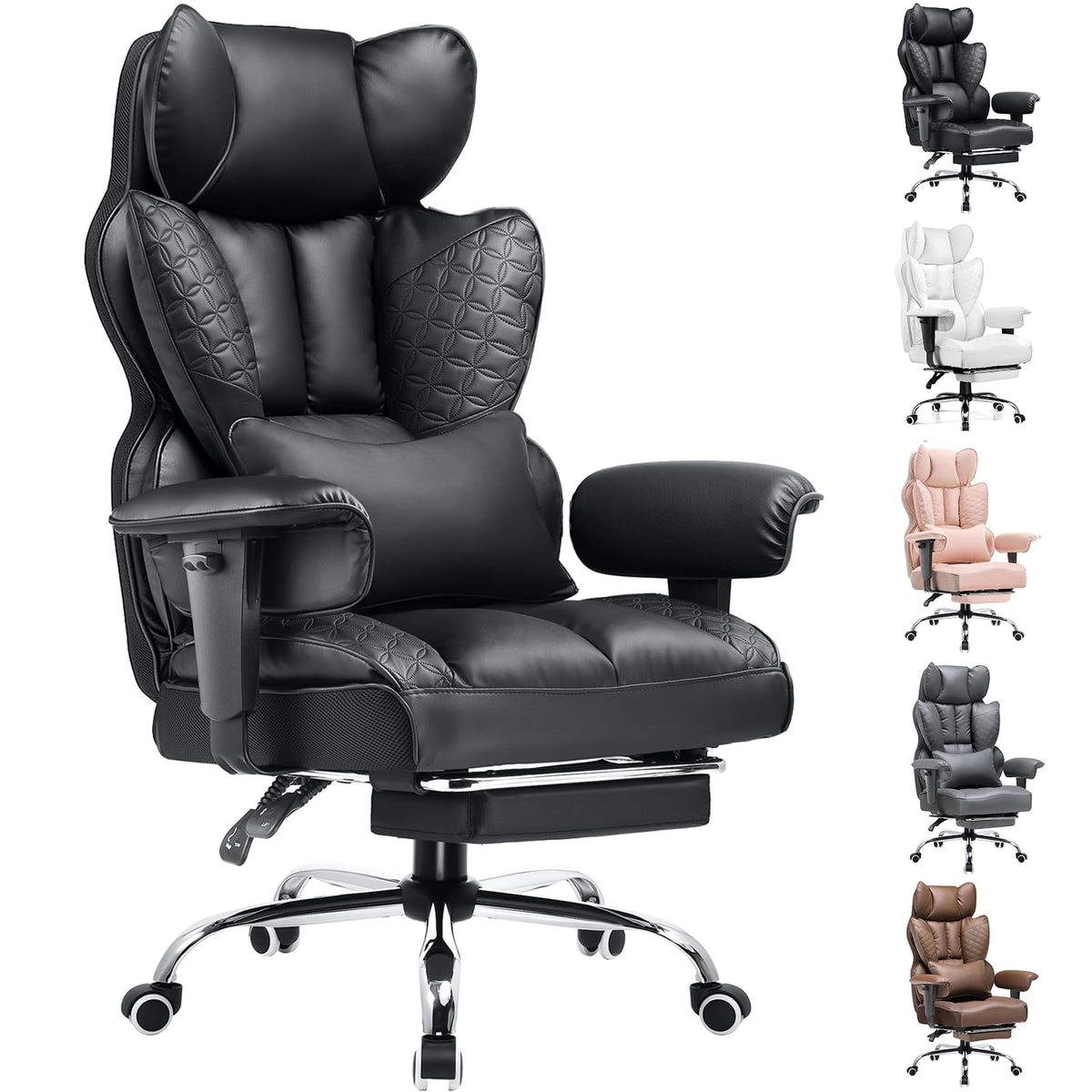 COMHOMA Big and Tall Office Chair Heavy Duty Wide Ergonomic Gaming Chair with Deluxe Embossing Designed Leather with Foot Rest, 145°Reclining Adjustable Armrests Pocket Spring Back Support and Pillow