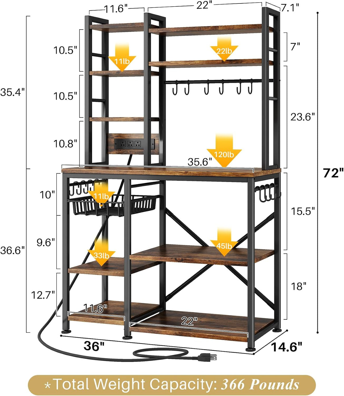 SNTD 6-Tier Bakers Rack with Power Outlets, 36 x 14.6 x 72 in, Rustic Brown