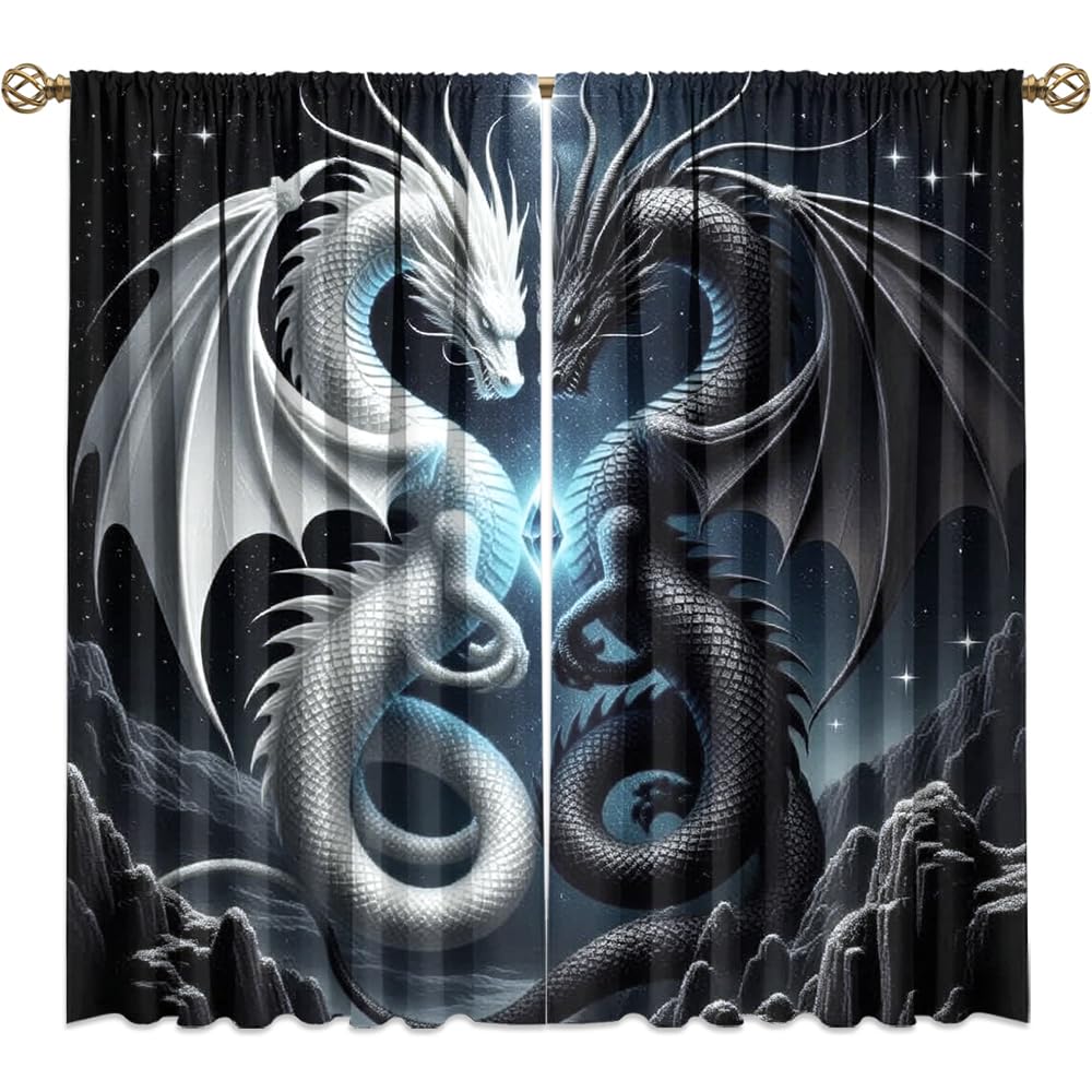 Dreamy Pink Wildlife Dragon Curtains-Fantasy Medieval Castle Rod Pocket Back Tab Window Drapes,Mythological Dragon Floral Roses Thermal Insulated Blackout Curtain,2pcs,Each 52“W x 96”L