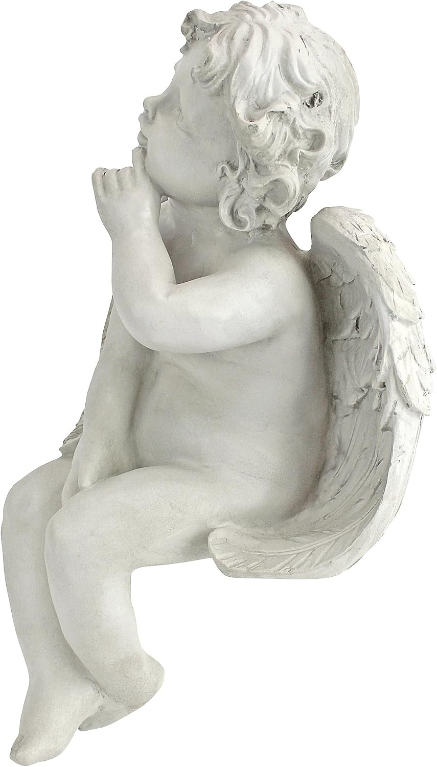 Design Toscano Angel of Contemplation Shelf Sitting Statue, 12 Inch, Polyresin, Antique Stone