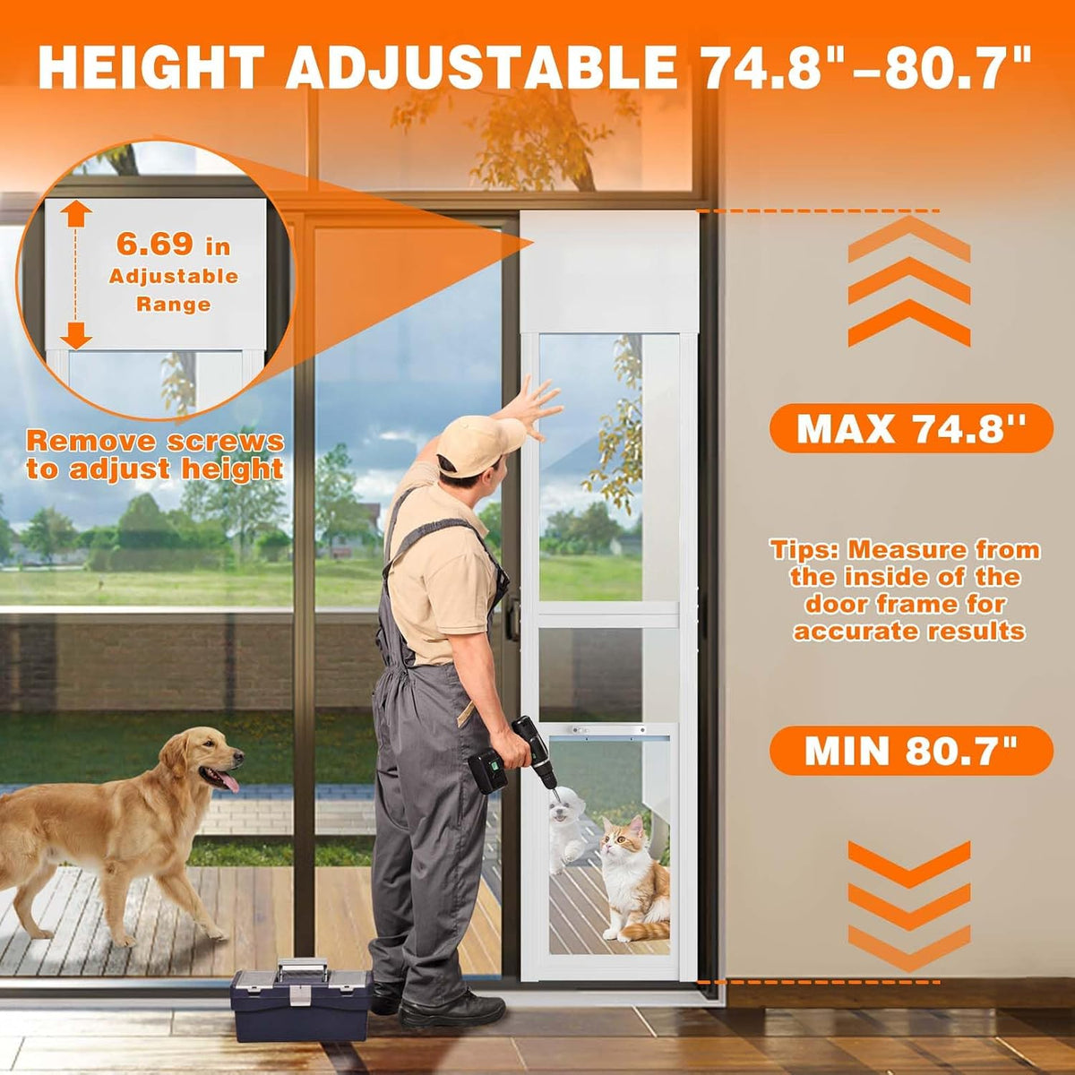 Dog Door for Sliding Glass Doors, 74.8'' to 80.7'' Height Adjustable Pet Door with 13.38'' Wide & 16.1" × 10.2" Pet Opening, Insert Pet Door with Security Lock for Small & Medium Dogs