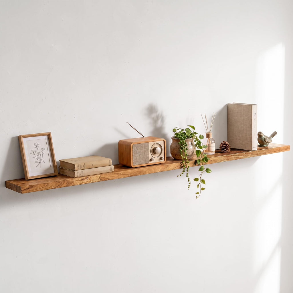 Live Edge Elm Floating Shelves - 24 In Rustic Solid Wood Shelves with Heavy-Duty Invisible Bracket, Wall-Mounted Wooden Shelf for Living Room, Bathroom, Kitchen Storage & Display, Set of 2, Natural