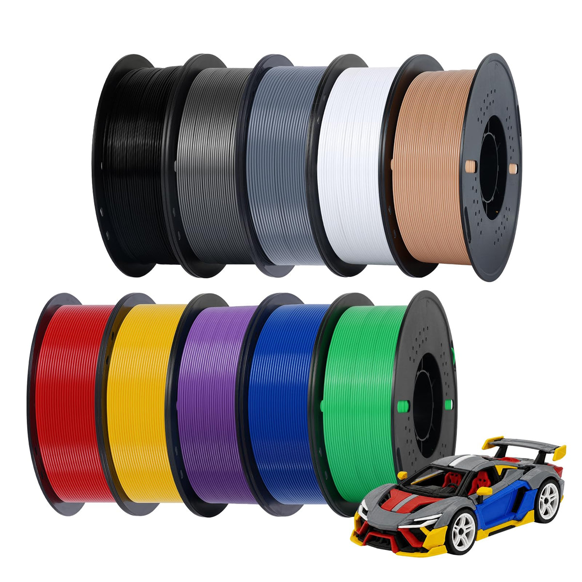 Kingroon PETG 3D Printer Filament, 10 Rolls, Dimensional Accuracy +/- 0.03 mm, 1kg Spool(2.2lbs), 1.75 mm，10KG Ten Colors Black White Grey Red Blue Green Yellow Orange Transparent Silver