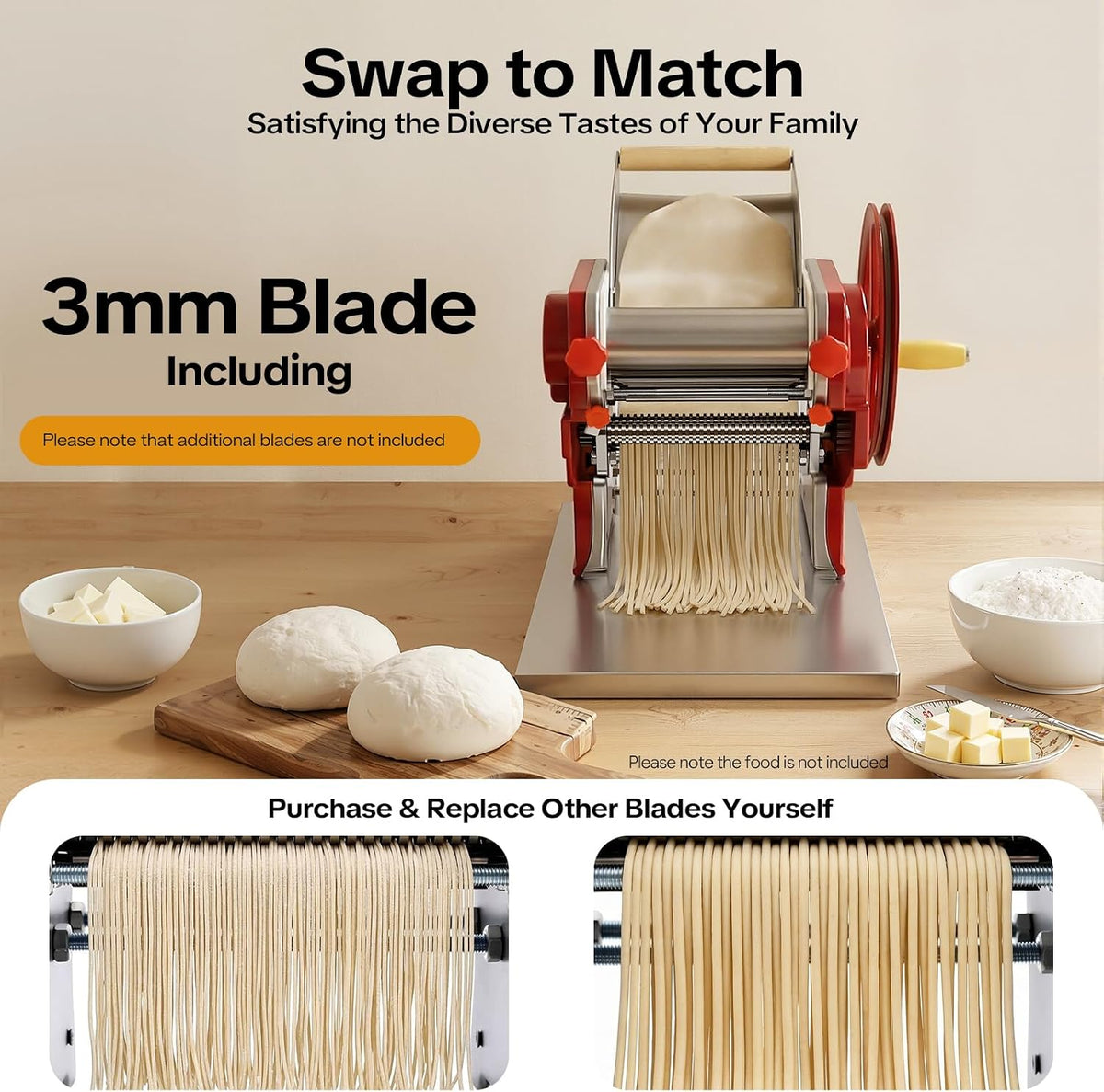 Commercial Manual Dough Roller Sheeter, Noodle Pasta Dumpling Maker Machine W/0.12in Cutterhead,Noodle Thickness 0.5-5mm For Commercial Home Use