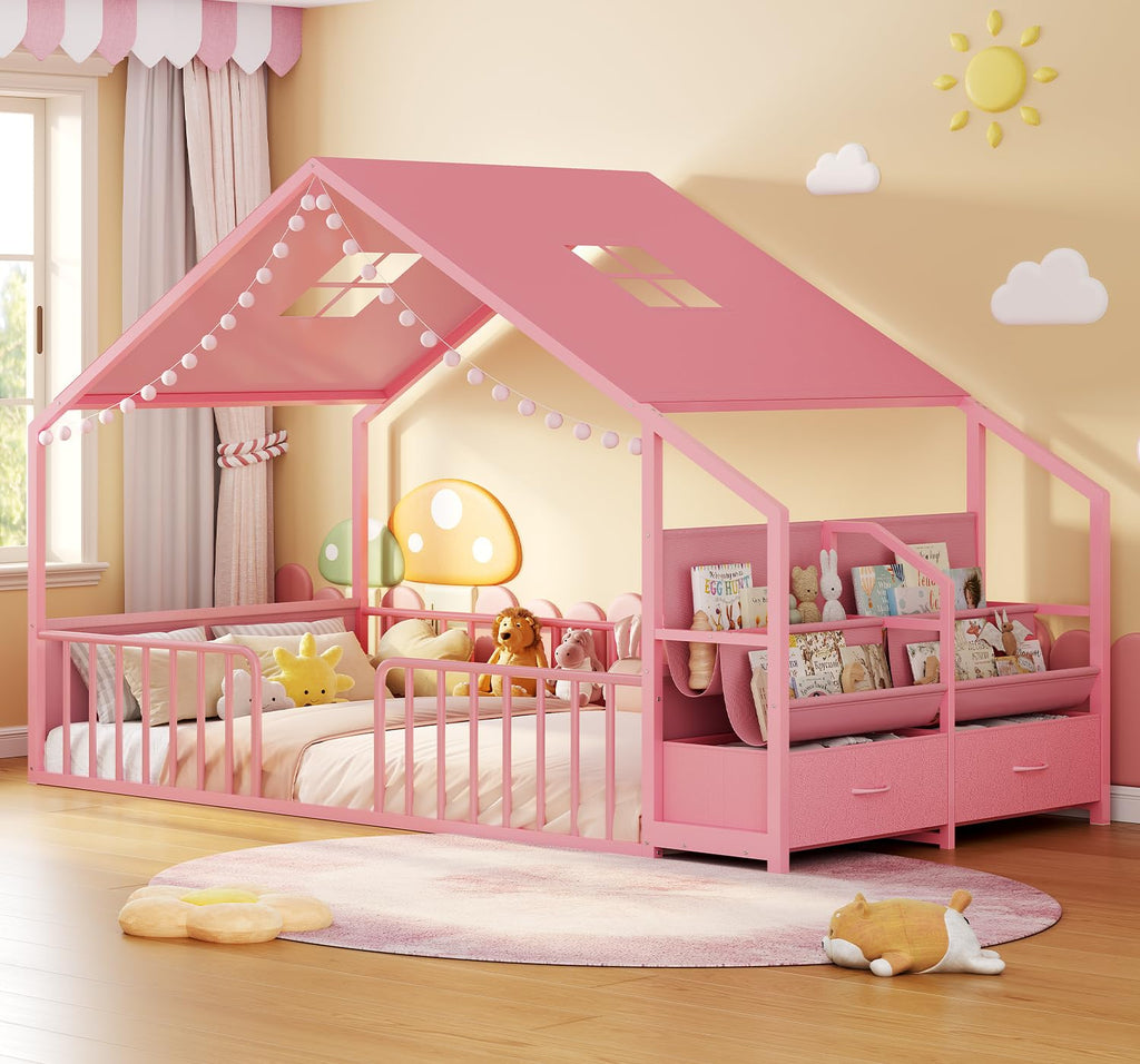 Montessori Full Size Floor Bed, Safety Guardrails, Reading Nook, Pink