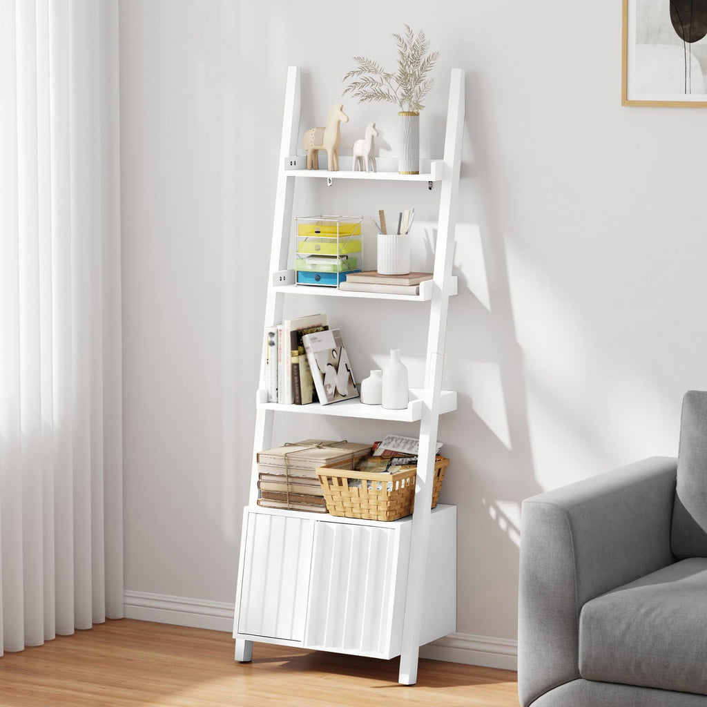4-Tier Ladder Bookshelf with Storage Cabinet, Freestanding Shelf Unit,White