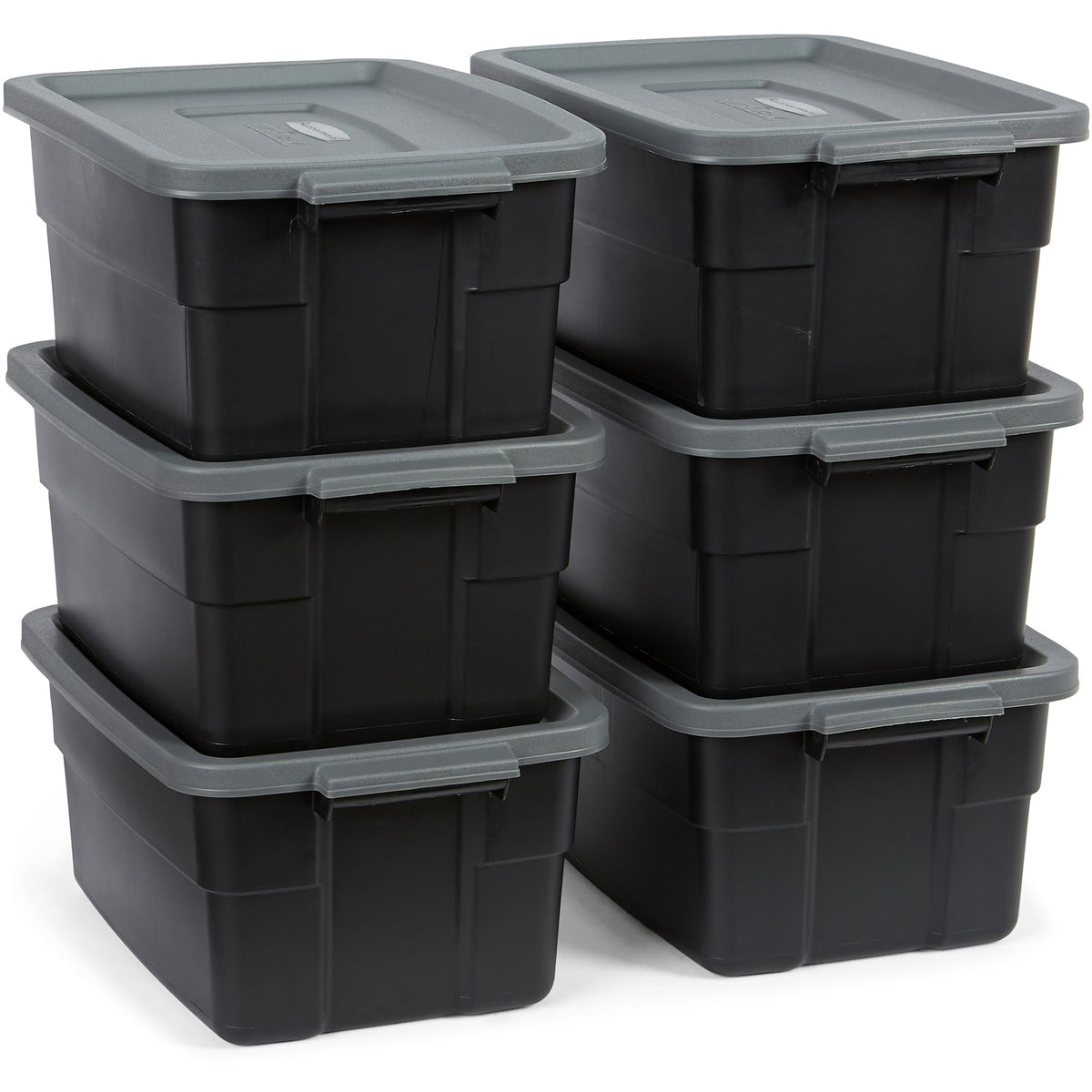 Rubbermaid 6-Pack Totes for Storage with Lids, Heavy Duty Plastic Storage Bins with Lids, Black Gray, 10 GAL - Stackable for Garage, Attic, Camping (10 GAL - 6 Pack Solid Black and Grey)