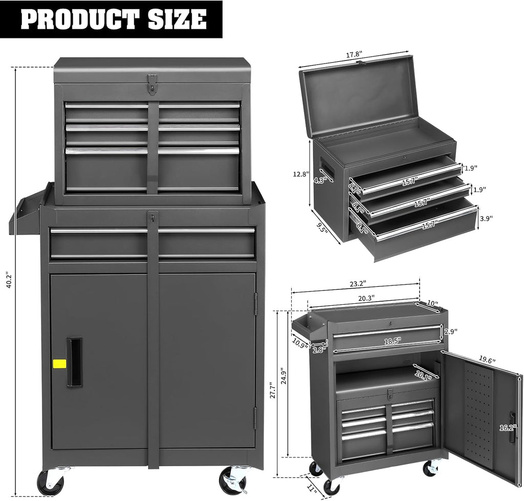 Winado 4-Drawer Rolling Tool Chest, 2-in-1 Large Storage Toolbox, Black