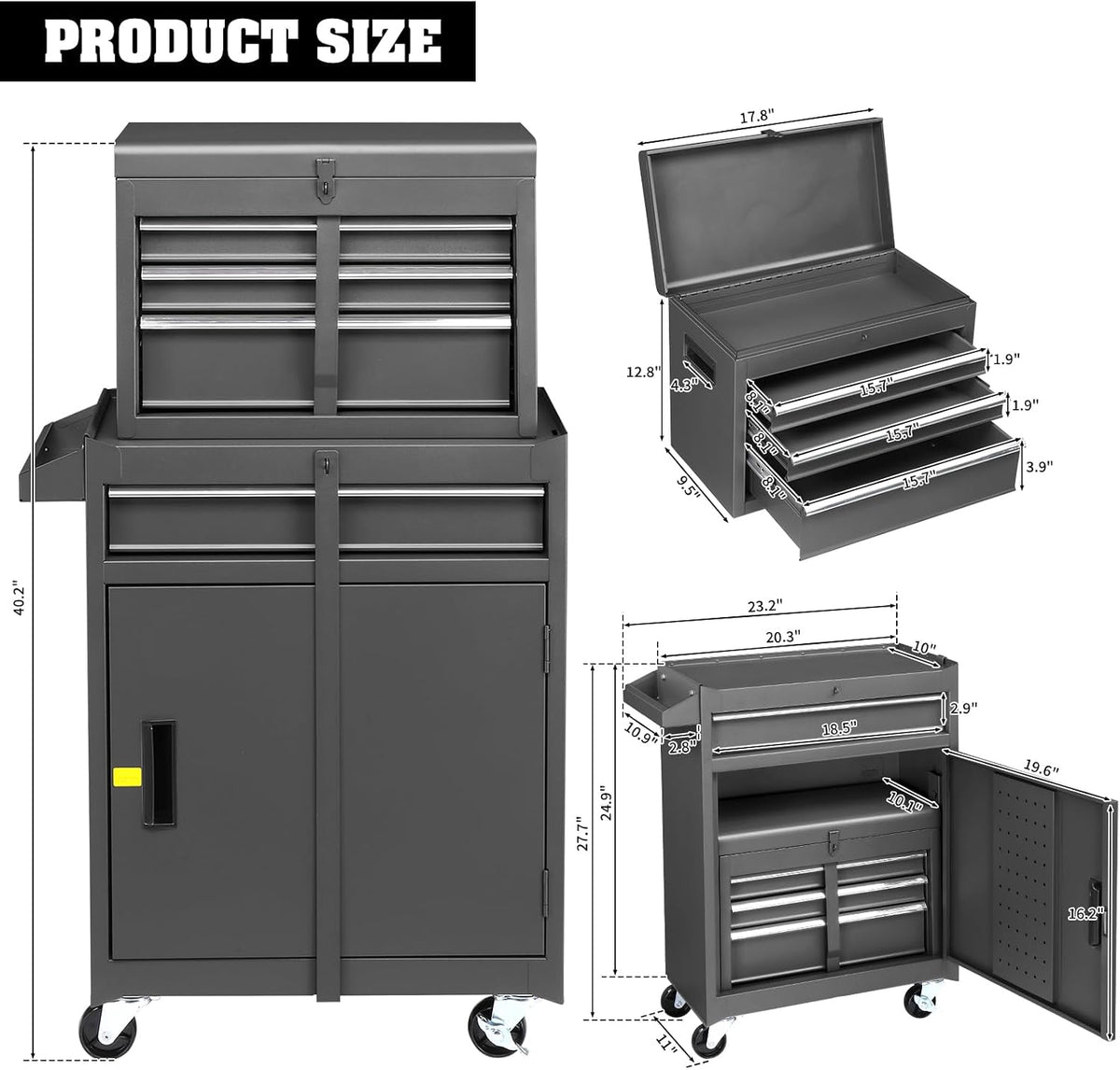Winado 4-Drawer Rolling Tool Chest, 2-in-1 Large Storage Toolbox, Black