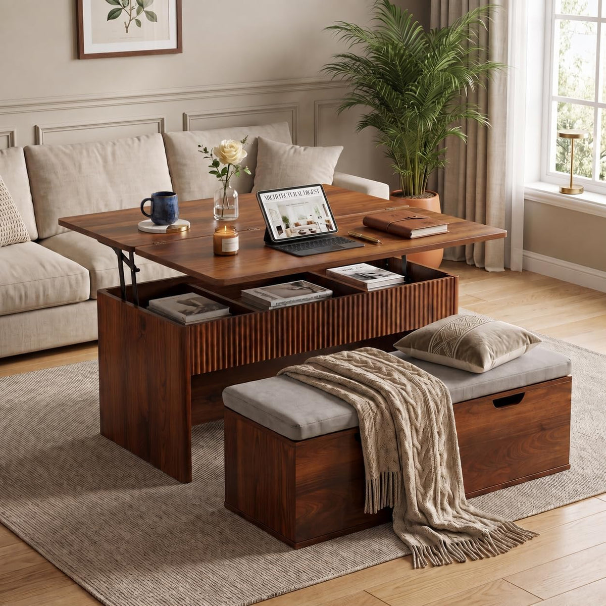 Lift Top Coffee Table with Bench and Storage, 39.4 Inch Convertible Coffee Table Dining Table Set with Hidden Storage, Upholstered Bench, Dual Lift Top for Living Room, Apartment, Walnut