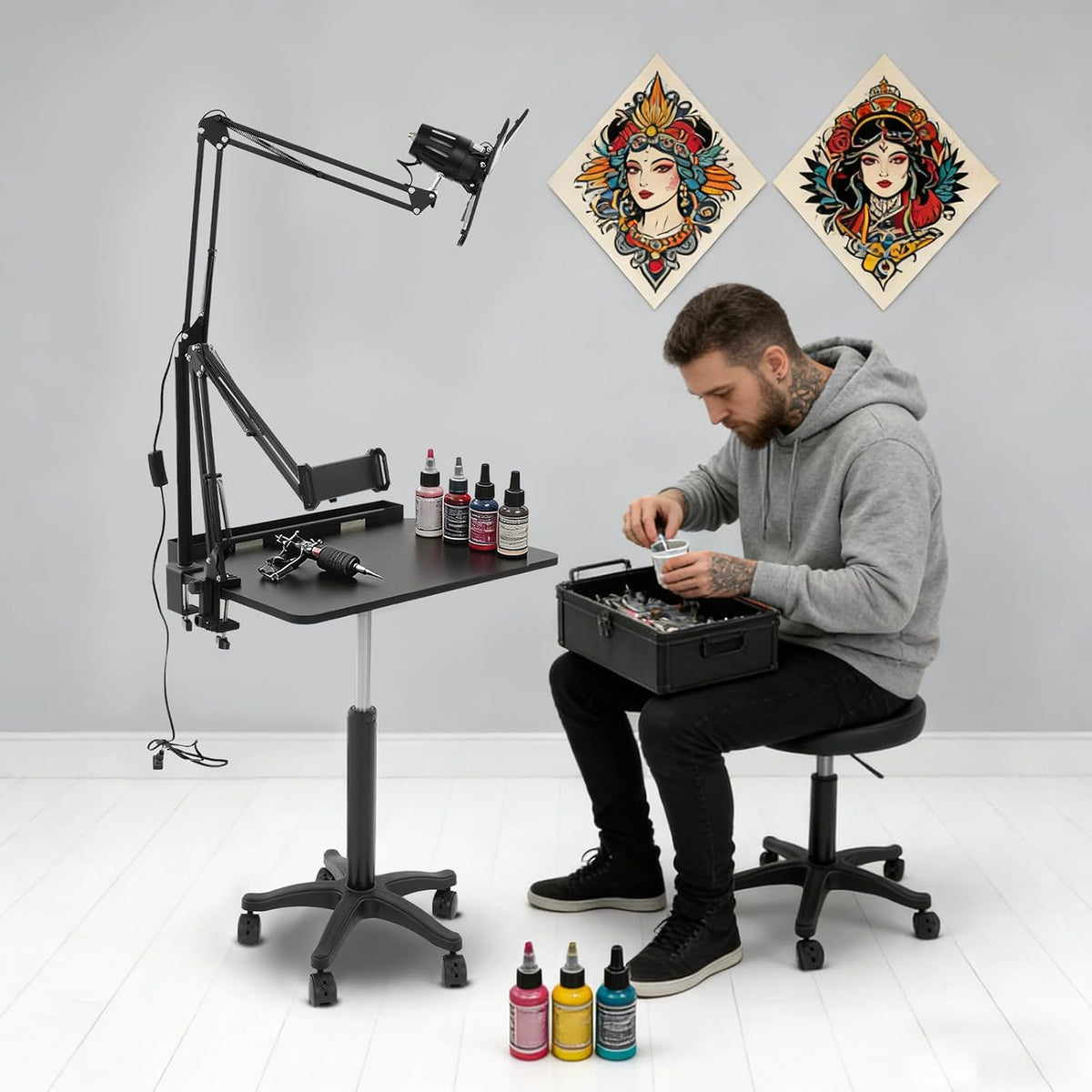 Professional Tattoo Workstation with LED Light, Adjustable Tattoo Artist Table with 6-9in Holder, Rolling Tattoo Desk Cart with Lockable Wheels, Mobile Tattoo Trolley for Studio Salon